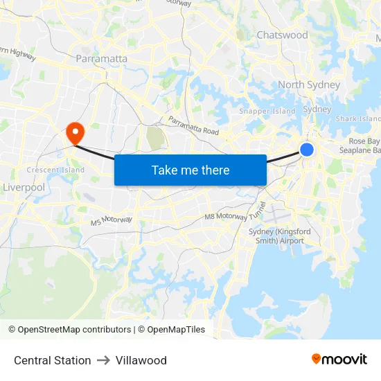 Central Station to Villawood map