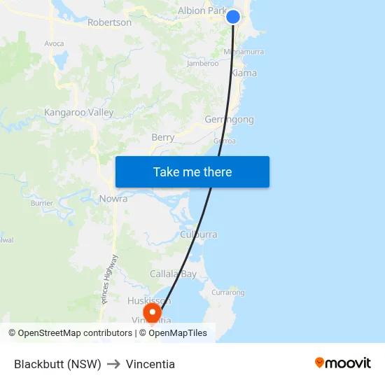 Blackbutt (NSW) to Vincentia map