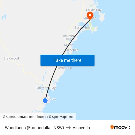 Woodlands (Eurobodalla - NSW) to Vincentia map