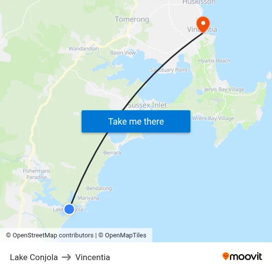 Lake Conjola to Vincentia map