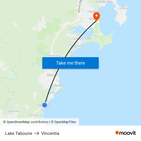 Lake Tabourie to Vincentia map