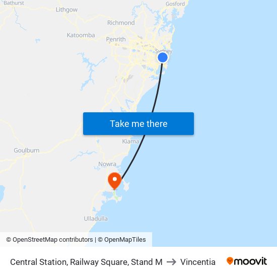 Central Station, Railway Square, Stand M to Vincentia map