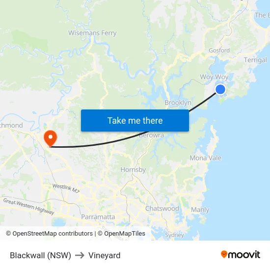 Blackwall (NSW) to Vineyard map