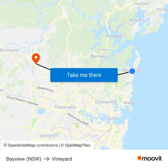 Bayview (NSW) to Vineyard map