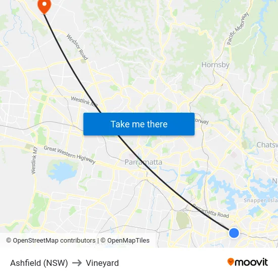 Ashfield (NSW) to Vineyard map