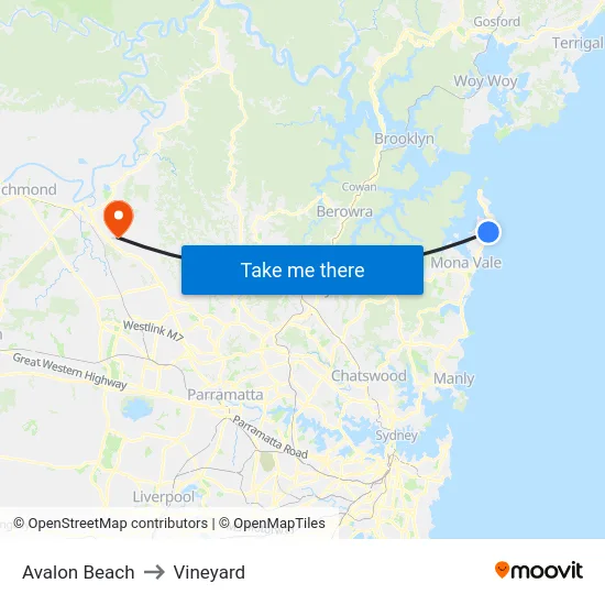 Avalon Beach to Vineyard map