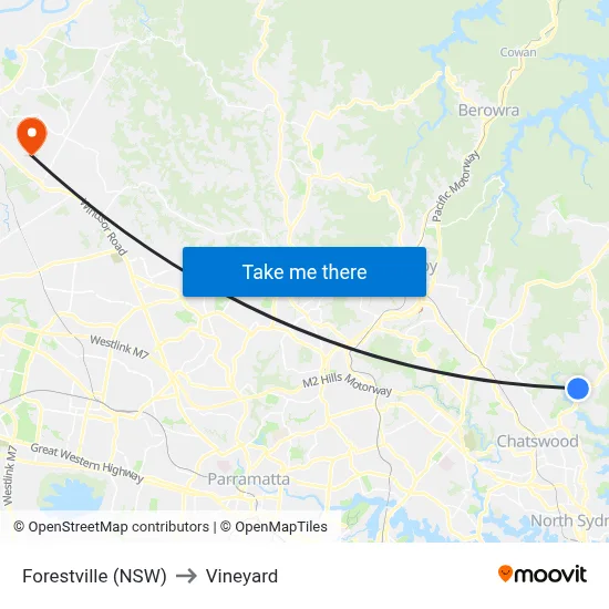 Forestville (NSW) to Vineyard map