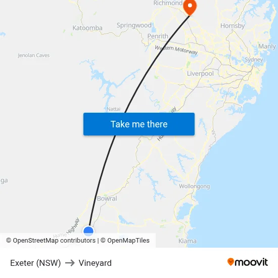Exeter (NSW) to Vineyard map