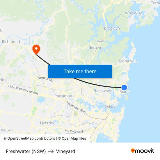 Freshwater (NSW) to Vineyard map
