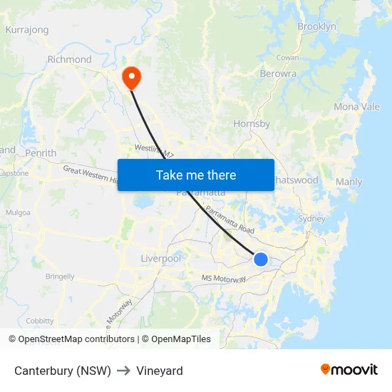 Canterbury (NSW) to Vineyard map