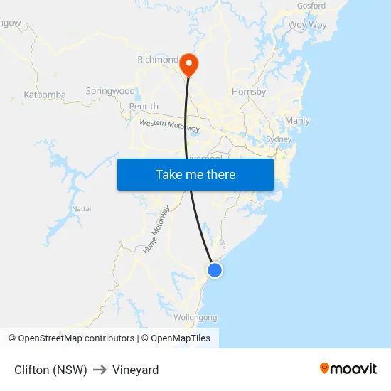 Clifton (NSW) to Vineyard map