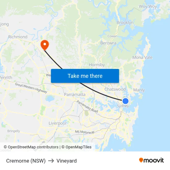 Cremorne (NSW) to Vineyard map