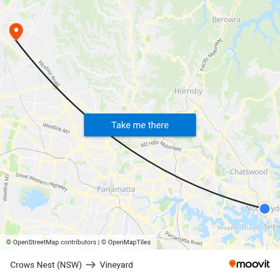 Crows Nest (NSW) to Vineyard map