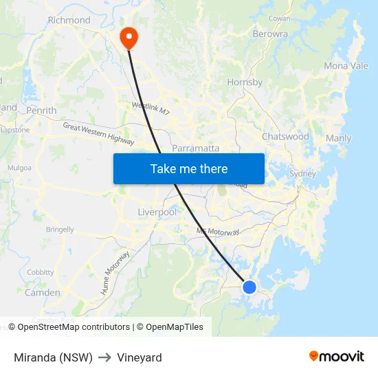 Miranda (NSW) to Vineyard map