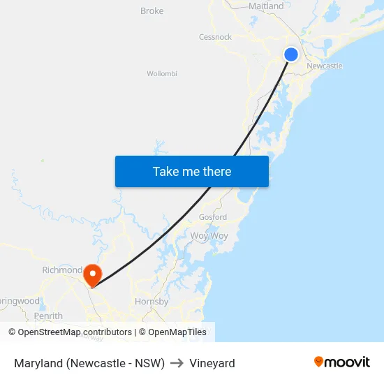 Maryland (Newcastle - NSW) to Vineyard map