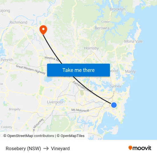Rosebery (NSW) to Vineyard map