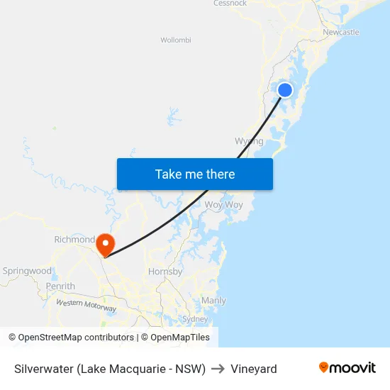 Silverwater (Lake Macquarie - NSW) to Vineyard map