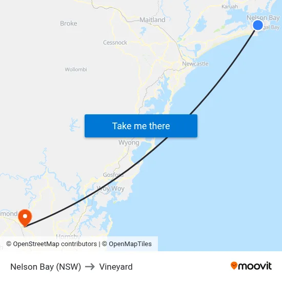 Nelson Bay (NSW) to Vineyard map