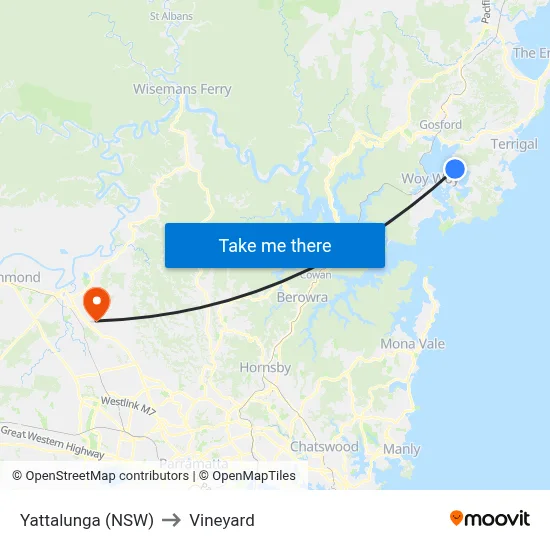 Yattalunga (NSW) to Vineyard map
