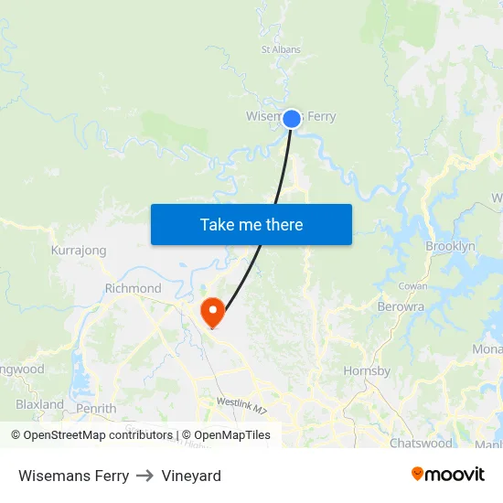 Wisemans Ferry to Vineyard map
