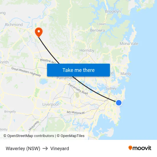 Waverley (NSW) to Vineyard map