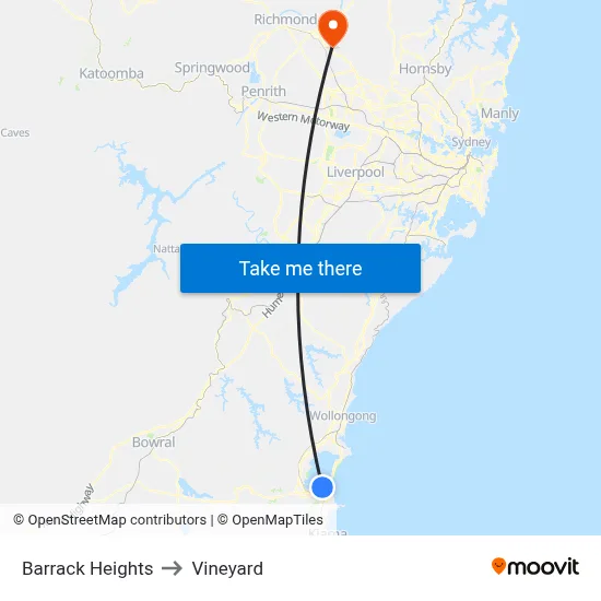 Barrack Heights to Vineyard map