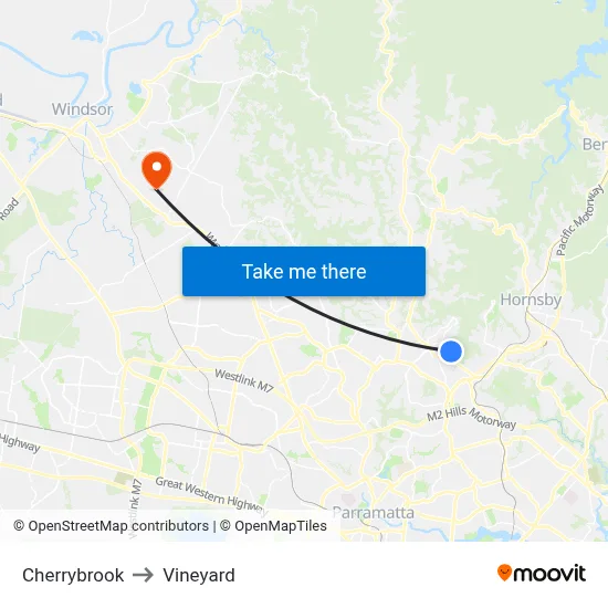 Cherrybrook to Vineyard map