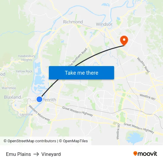 Emu Plains to Vineyard map