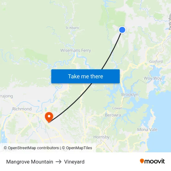 Mangrove Mountain to Vineyard map