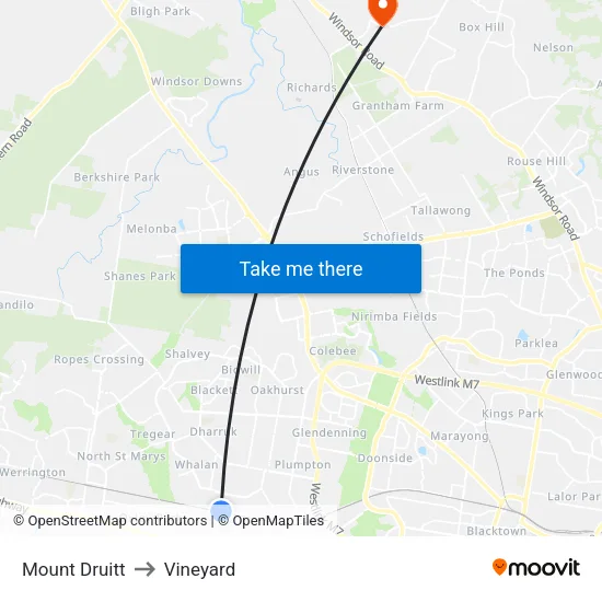 Mount Druitt to Vineyard map