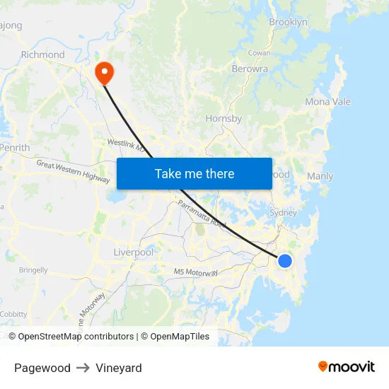 Pagewood to Vineyard map