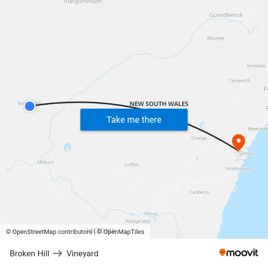 Broken Hill to Vineyard map