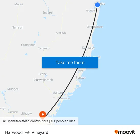 Harwood to Vineyard map