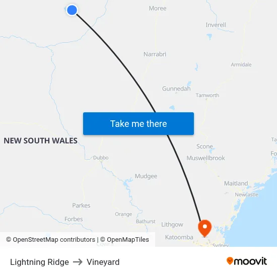 Lightning Ridge to Vineyard map