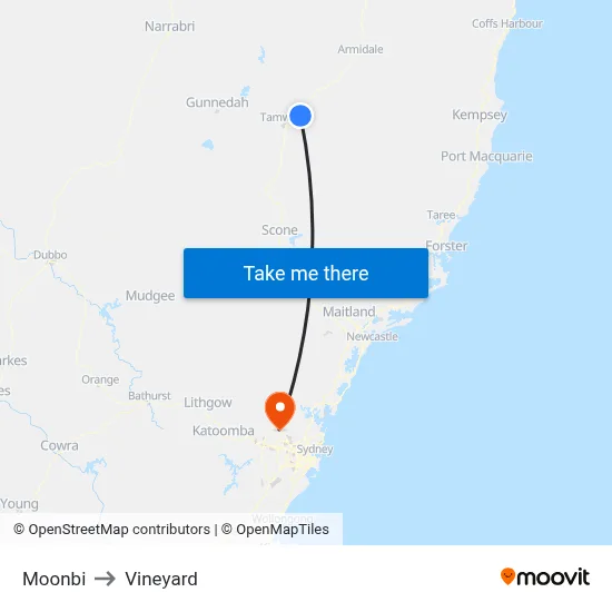 Moonbi to Vineyard map