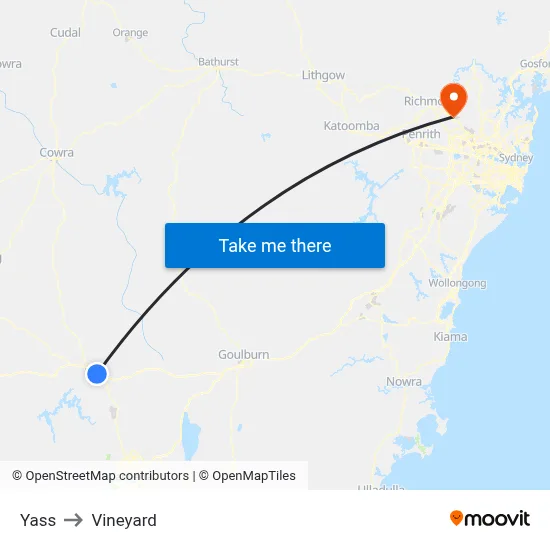 Yass to Vineyard map