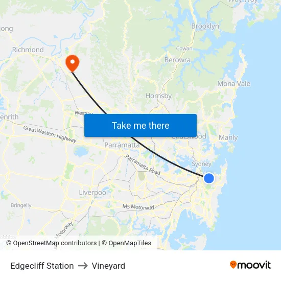 Edgecliff Station to Vineyard map