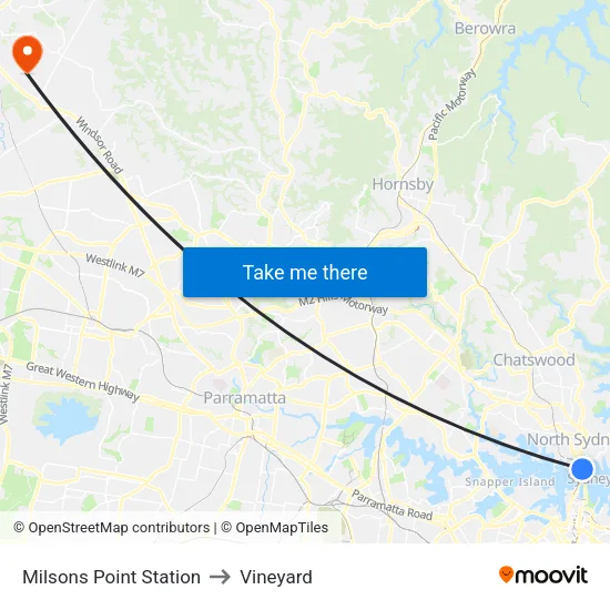 Milsons Point Station to Vineyard map