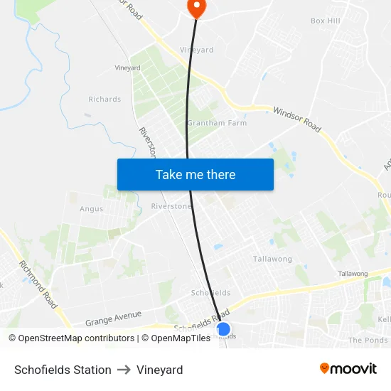 Schofields Station to Vineyard map