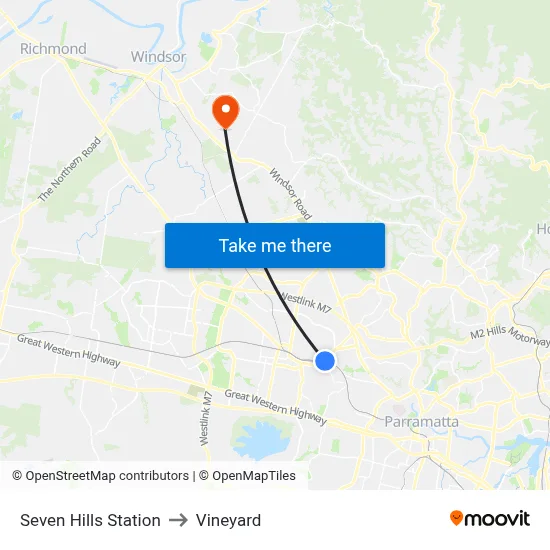 Seven Hills Station to Vineyard map