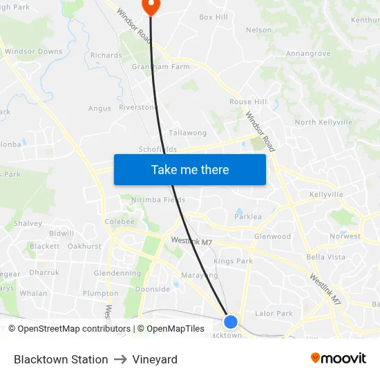 Blacktown Station to Vineyard map