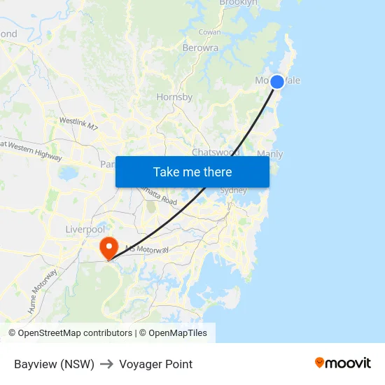 Bayview (NSW) to Voyager Point map