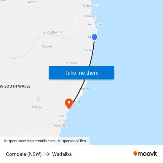 Corndale (NSW) to Wadalba map