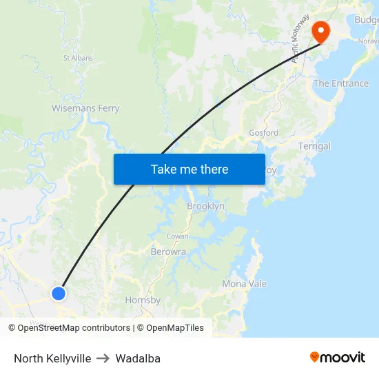 North Kellyville to Wadalba map