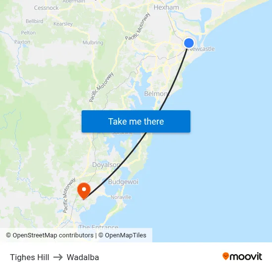Tighes Hill to Wadalba map