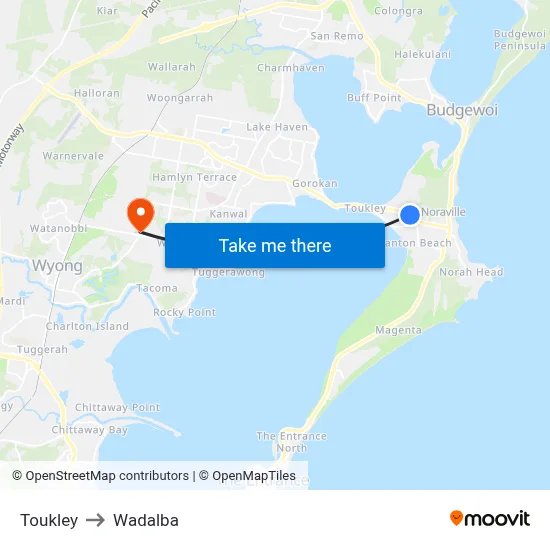 Toukley to Wadalba map