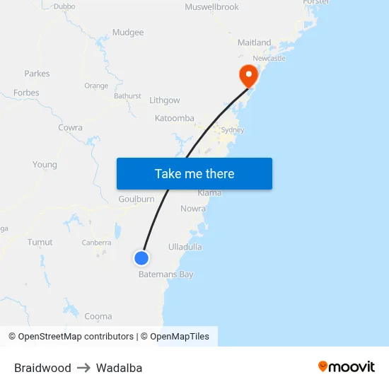Braidwood to Wadalba map