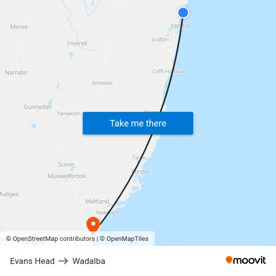 Evans Head to Wadalba map