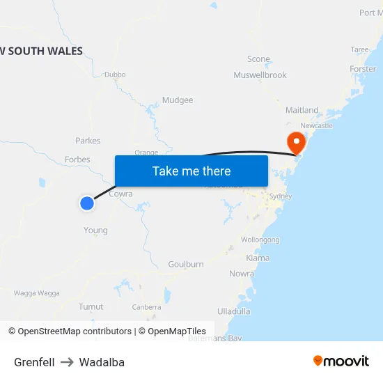 Grenfell to Wadalba map