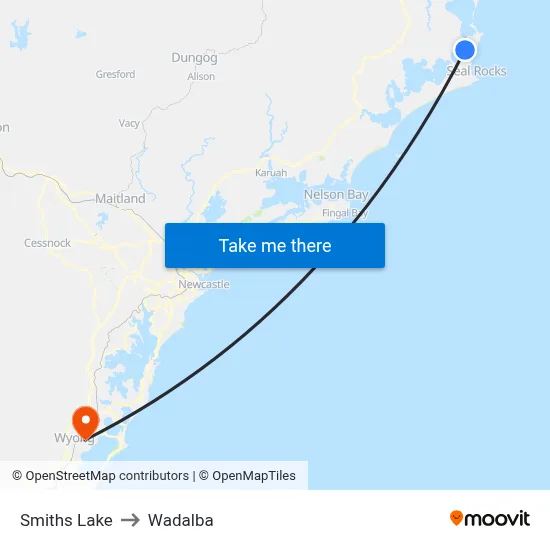 Smiths Lake to Wadalba map